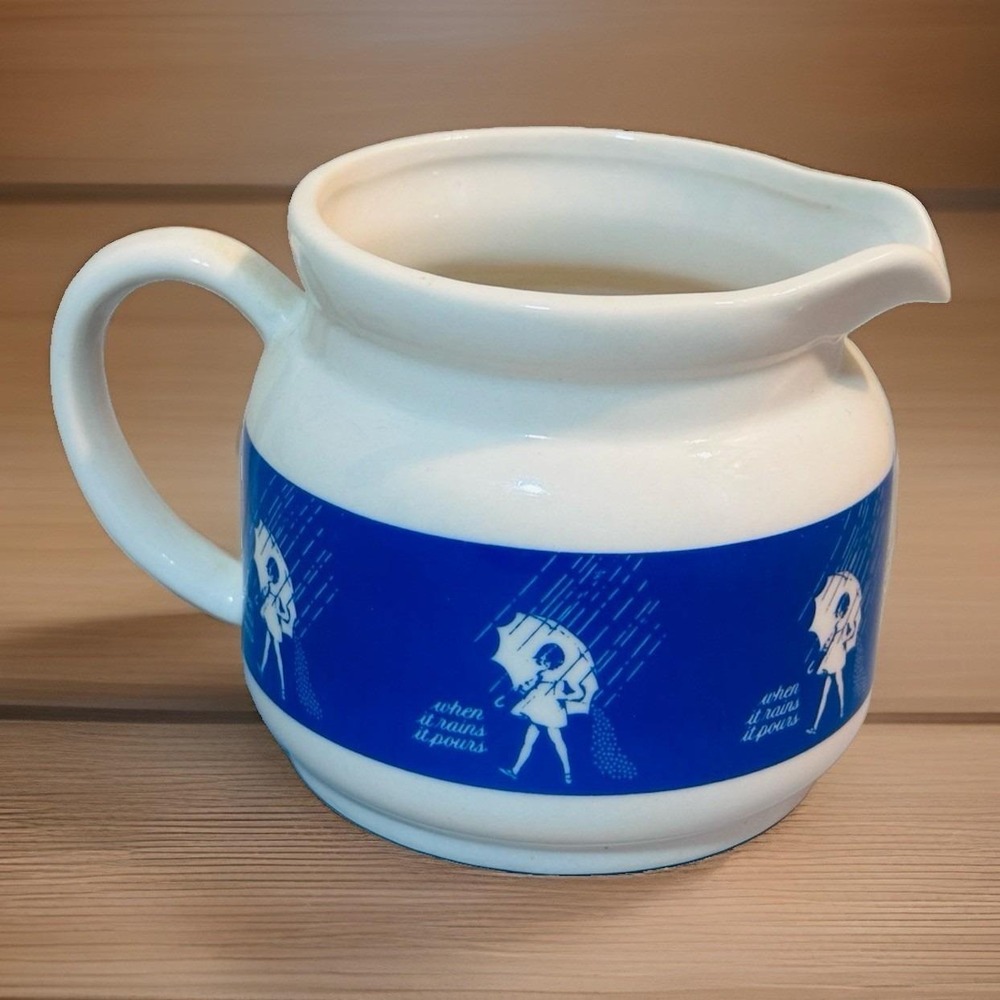 Morton Salt Creamer Pitcher When it Rains it Pours 1960s Logo White and Blue EUC